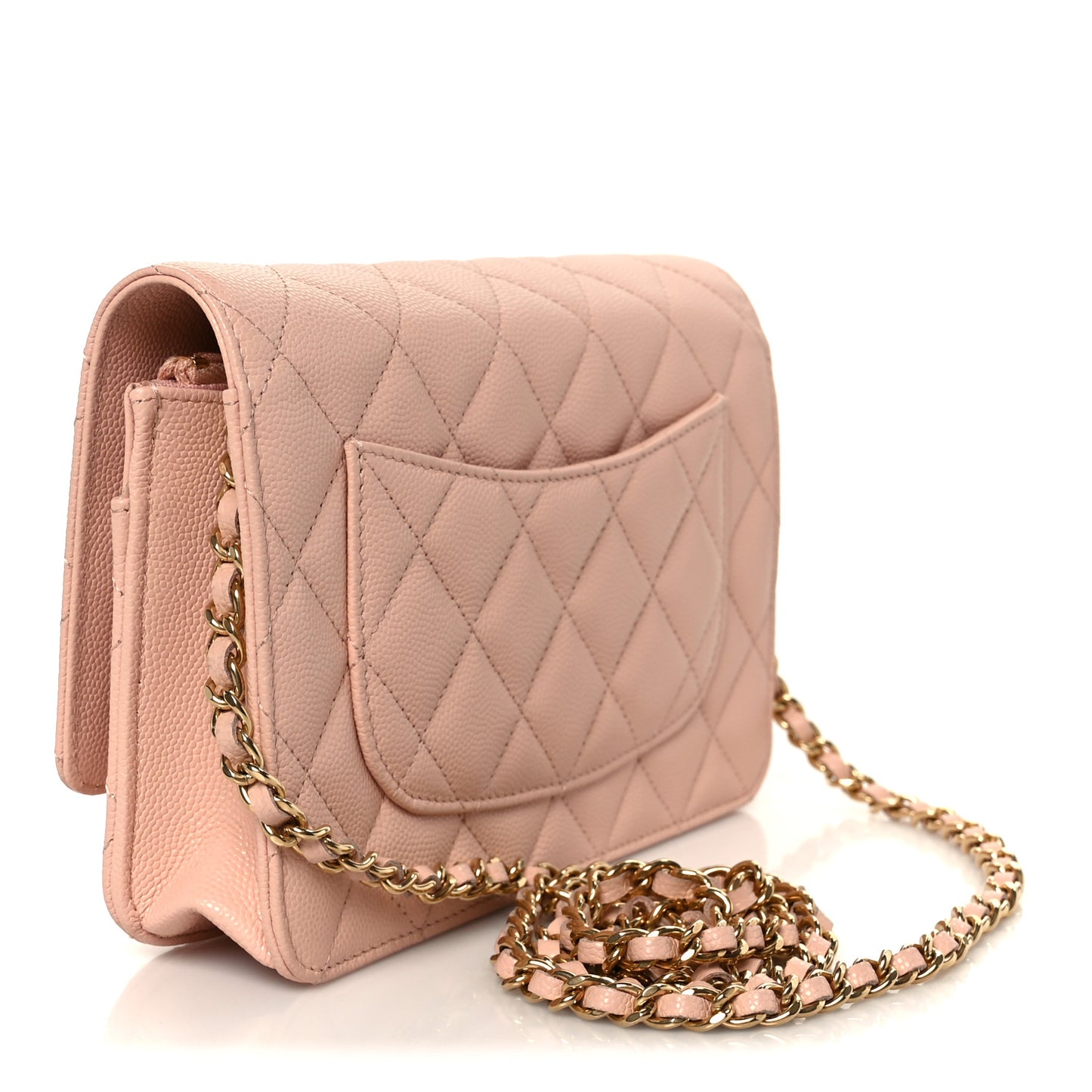 Grained Calfskin Quilted Strass CC Wallet On Chain WOC Light Pink