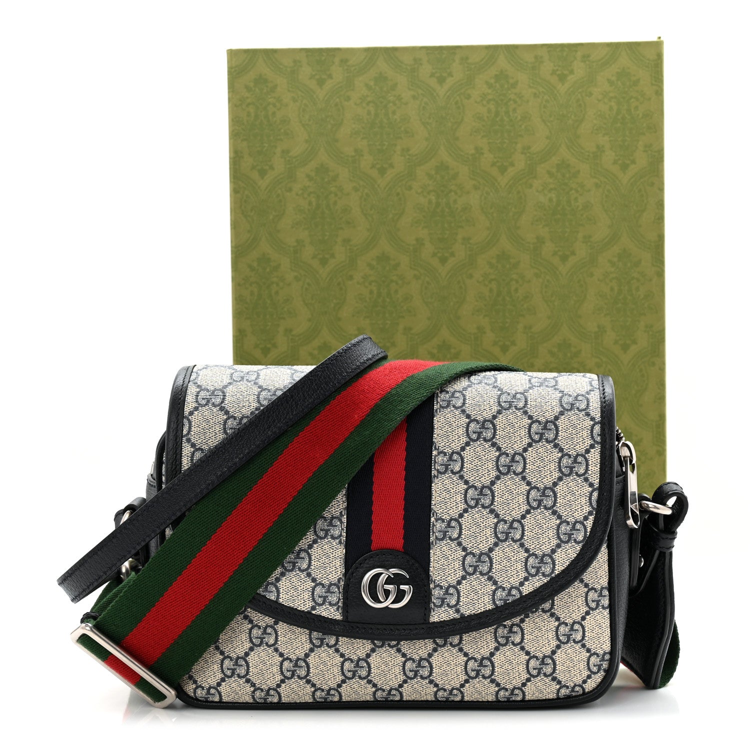 Gucci GG Supreme Monogram Textured Dollar Calfskin Web Studded Mini Ophidia Flap Shoulder Bag Beige Blue 12 of 12