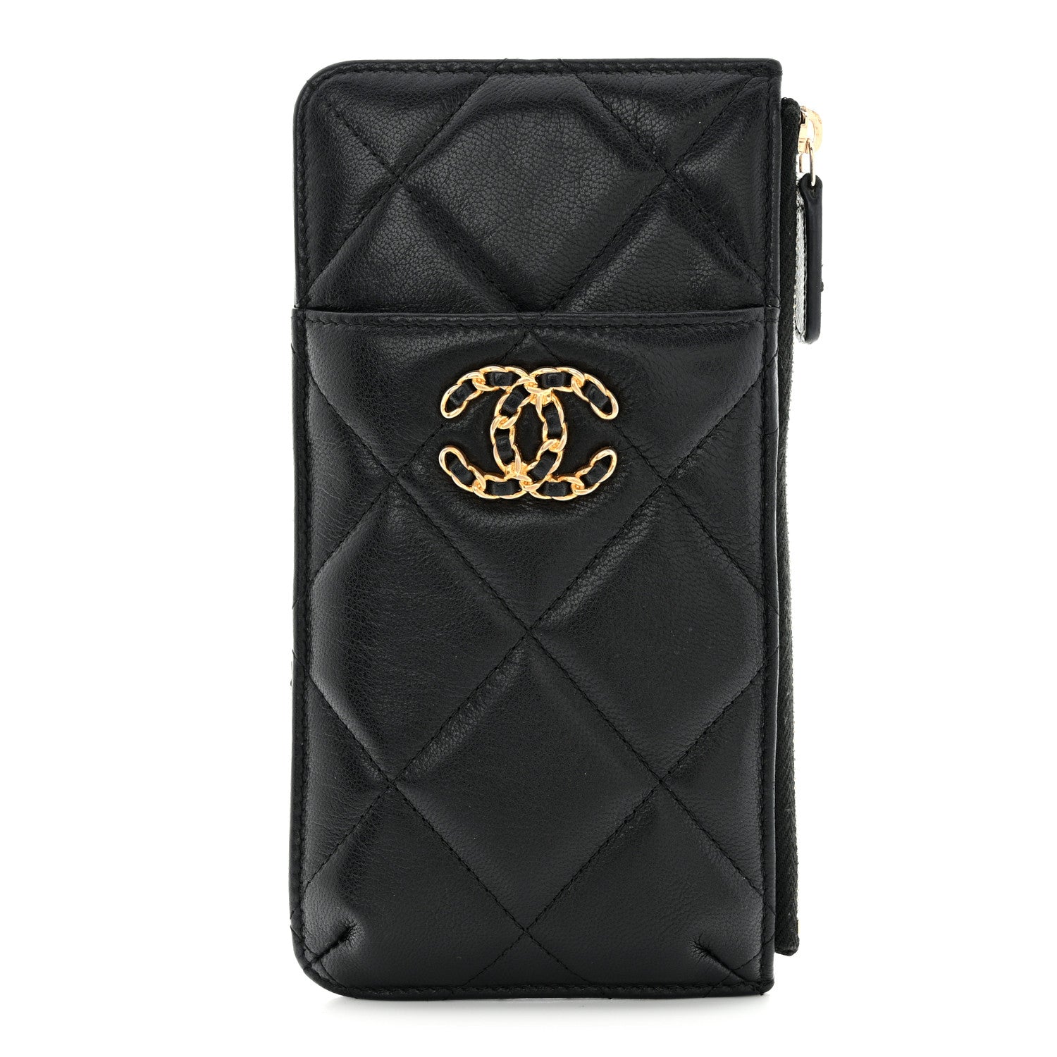 Chanel Shiny Goatskin Quilted Chanel 19 Phone and Card Holder Black 1 of 13