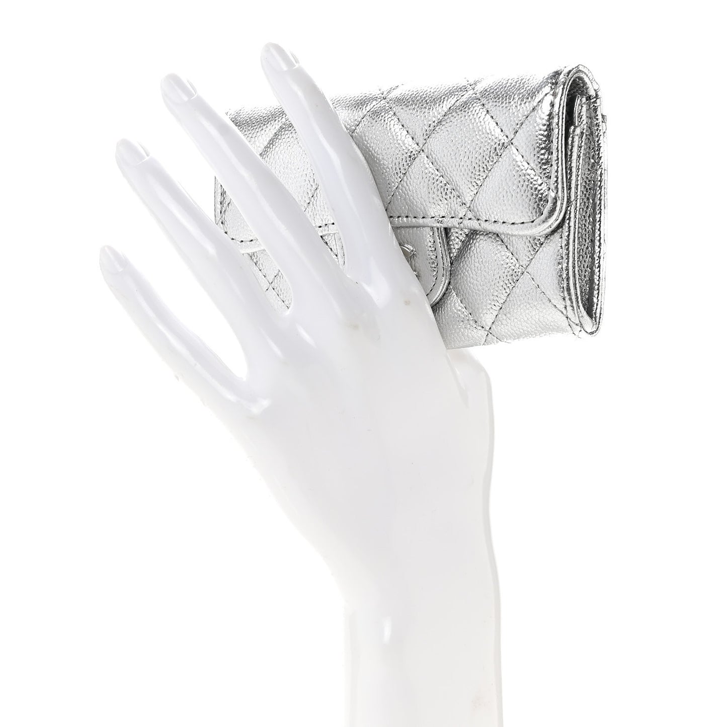 Glittered Metallic Caviar Quilted Flap Card Holder Wallet Silver
