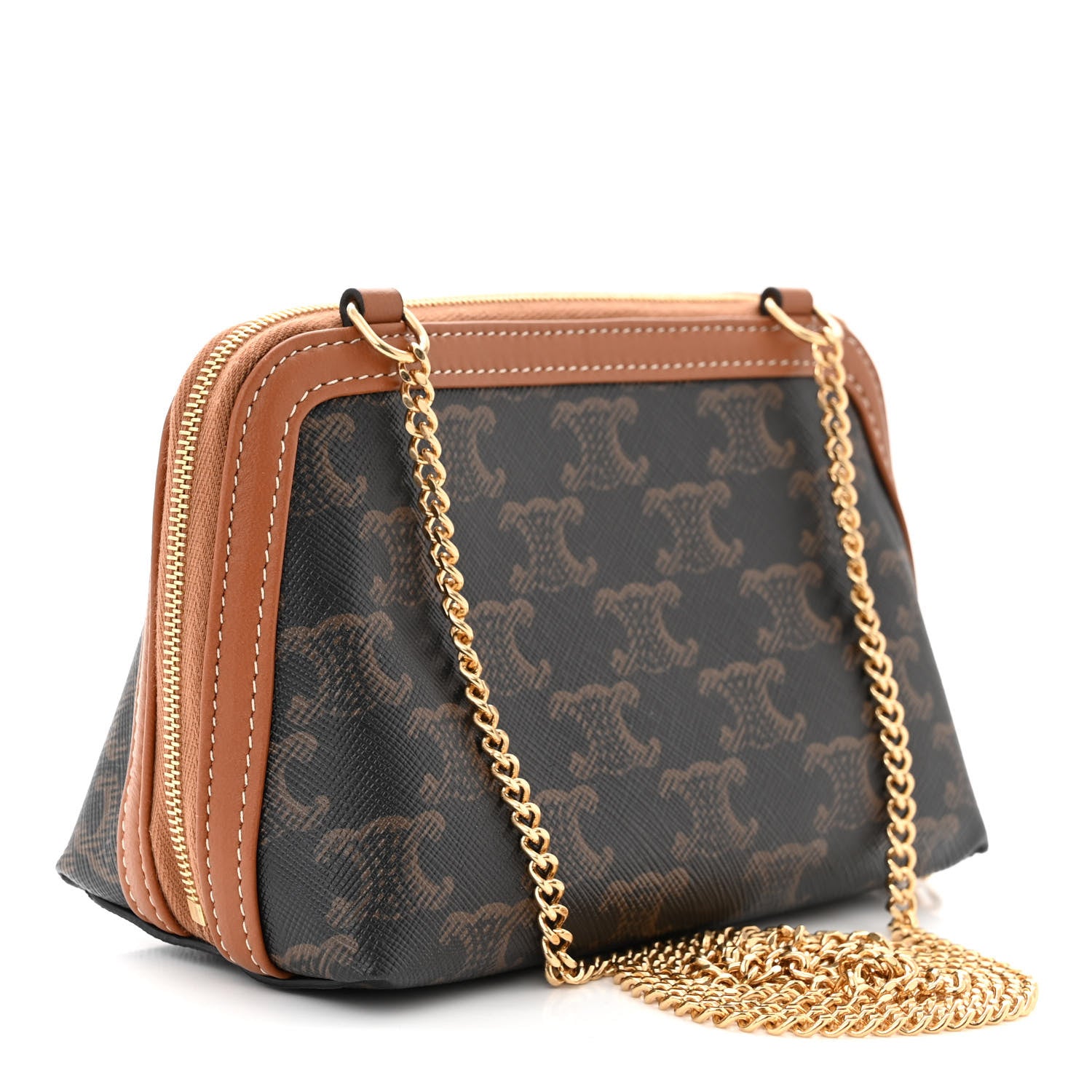 Celine Triomphe Canvas Lambskin Clutch On Chain Tan 3 of 10
