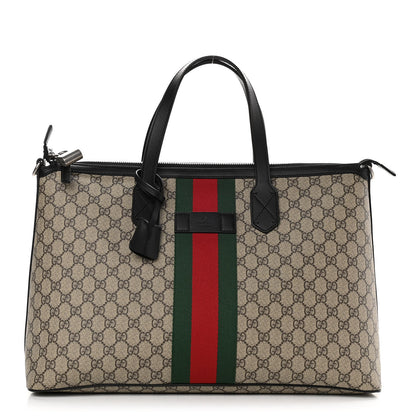Gucci GG Supreme Monogram Web Medium Zippered Tote Beige Black 1 of 10
