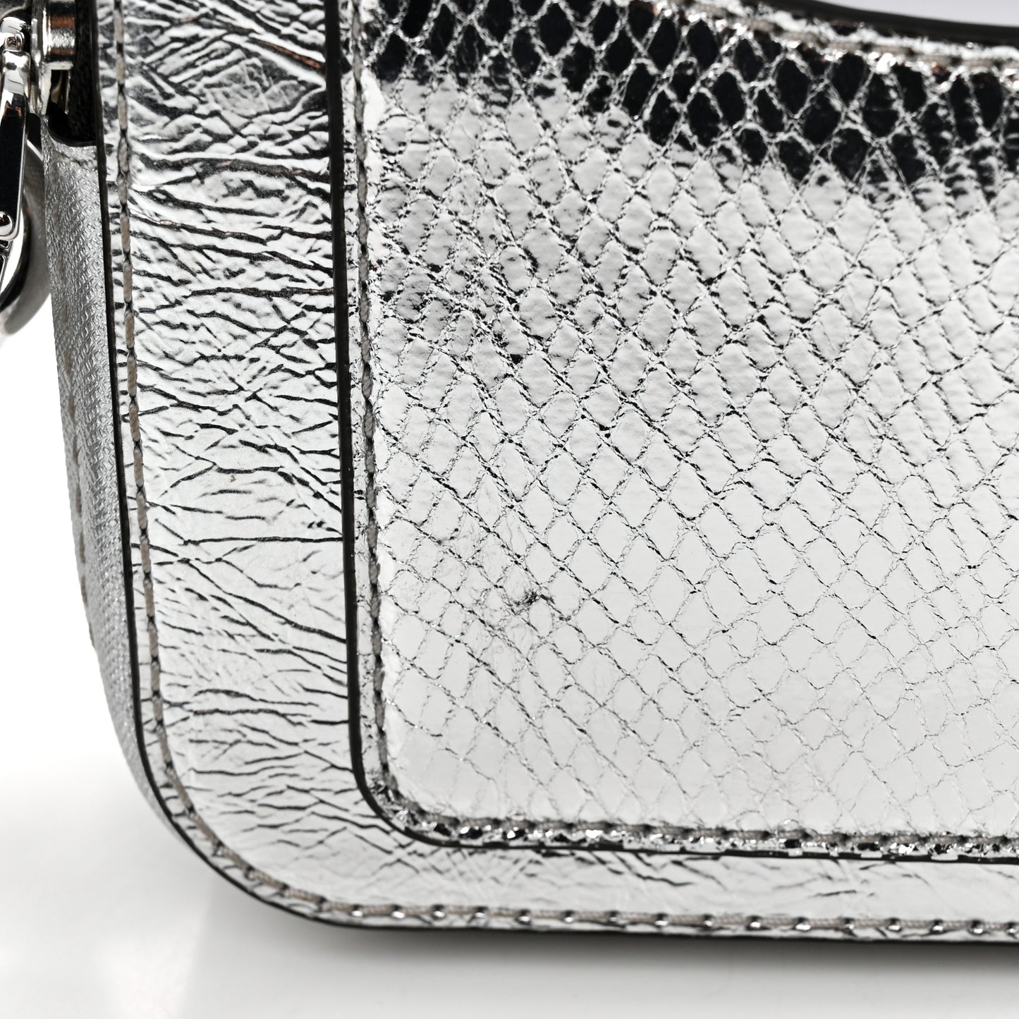 Metallic Sequin Snake Embossed Calfskin Stripe Snapshot Camera Bag Silver