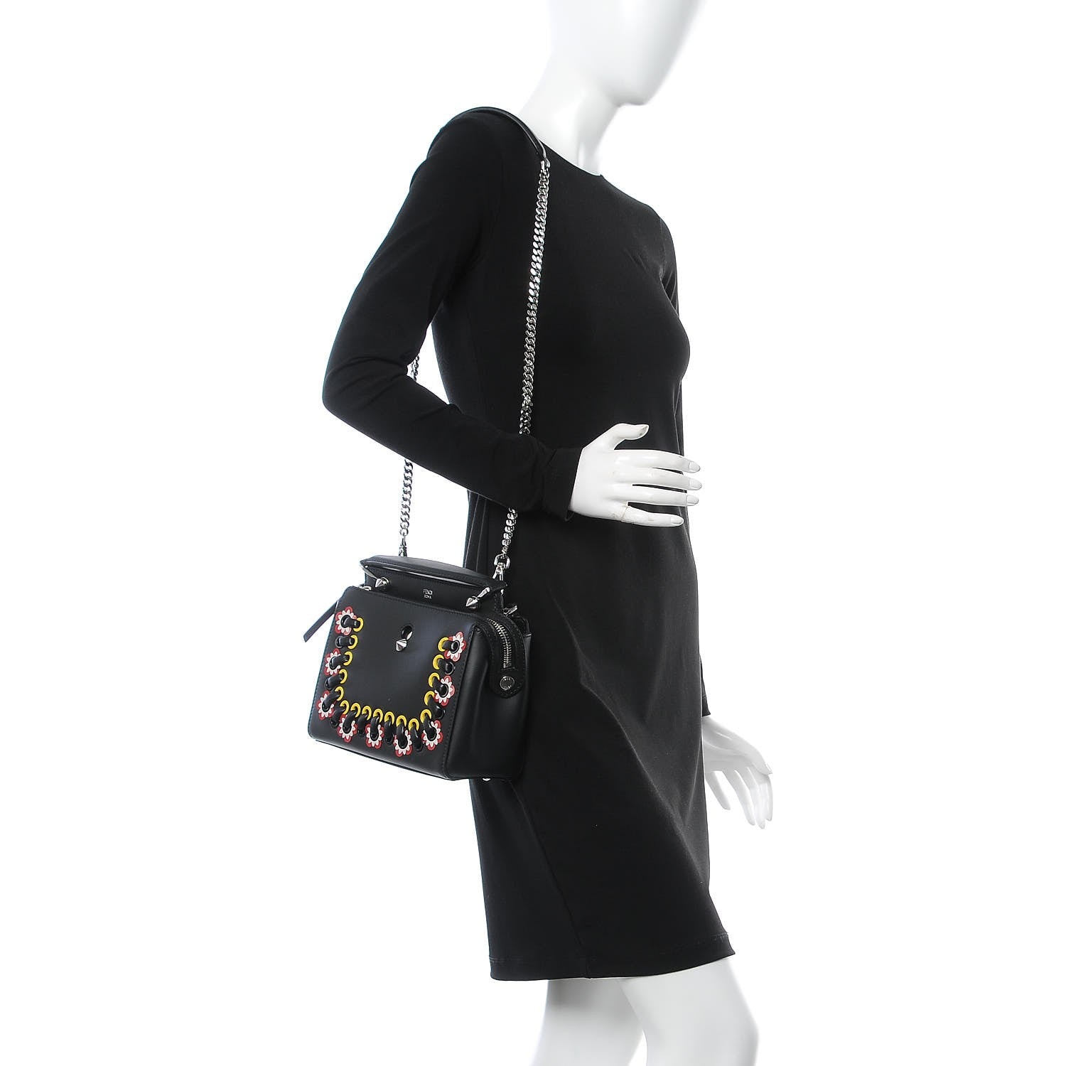 Fendi Vitello Baltico Shiny Nappa Lace Up Floral Small Dotcom Click Chain Satchel Black 2 of 8
