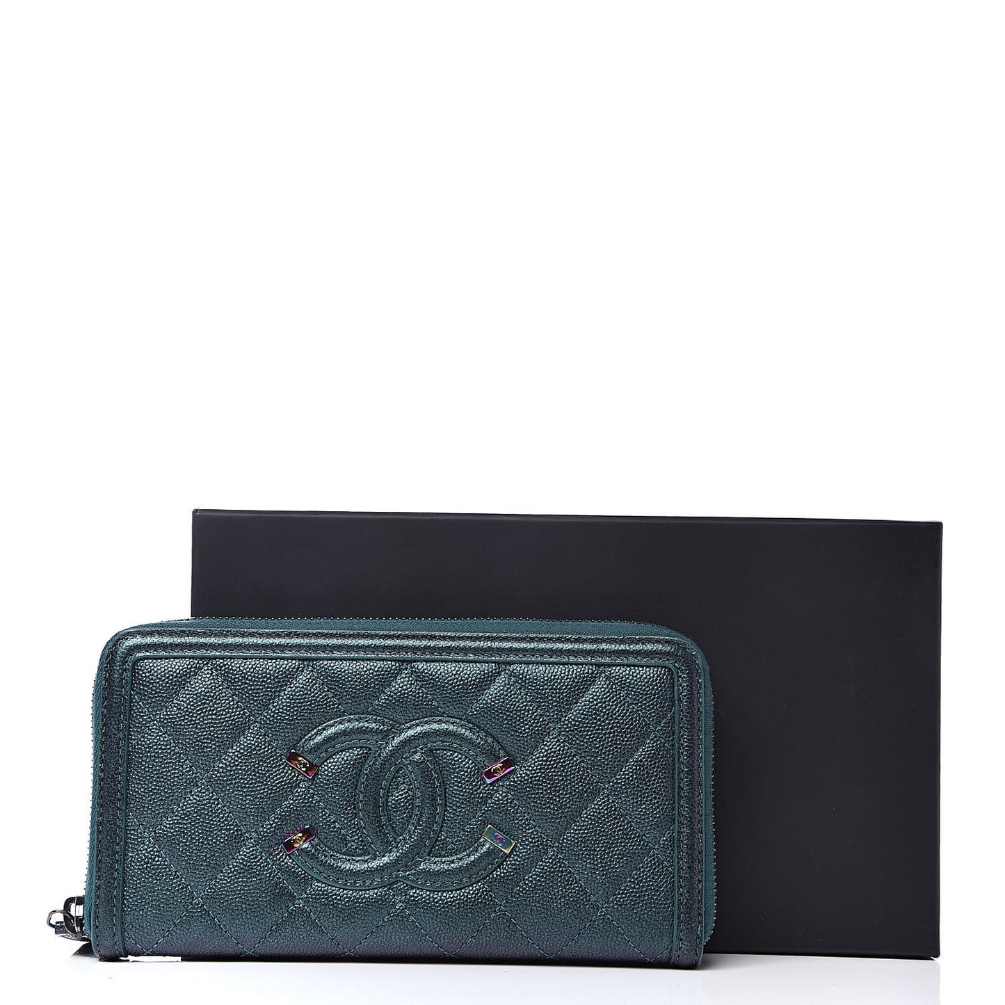 Iridescent Caviar Quilted Large Filigree Zip Around Wallet Dark Turquoise