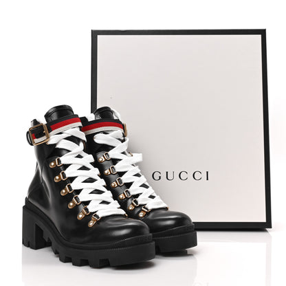 Gucci Calfskin Sylvie Web Womens Lace Up Combat Boots 37 Black 7 of 7