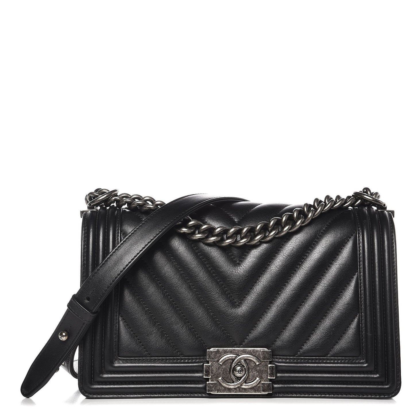 Calfskin Chevron Quilted Medium Boy Flap Black
