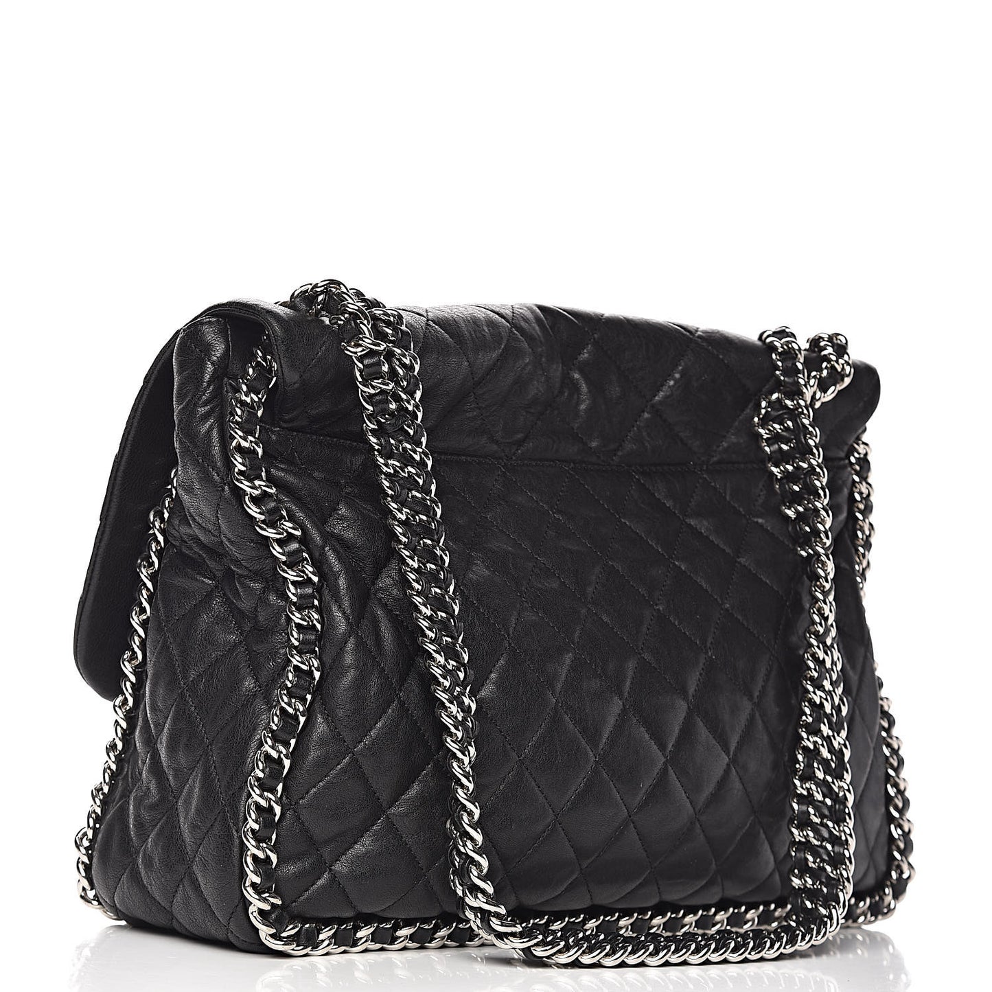 Washed Lambskin Quilted Maxi Chain Around Flap Black