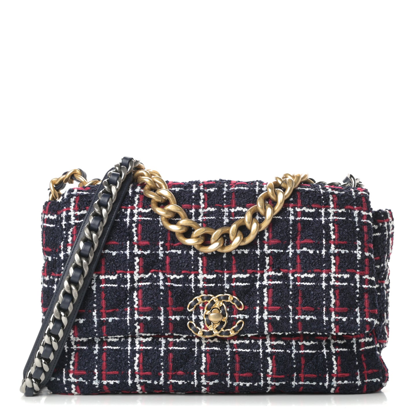 Tweed Quilted Large Chanel 19 Flap Navy Blue White Red