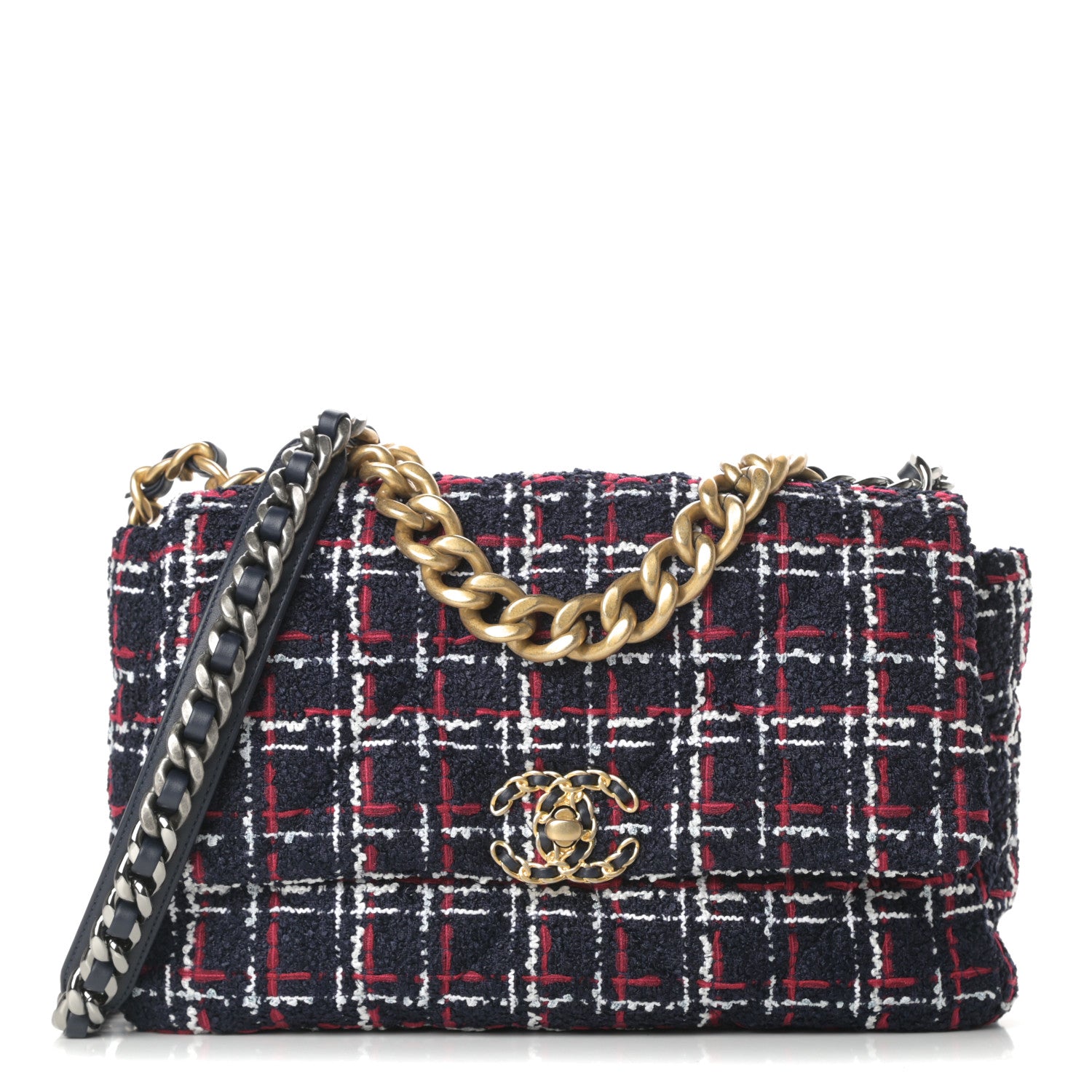 Chanel Tweed Quilted Large Chanel 19 Flap Navy Blue White Red 1 of 13