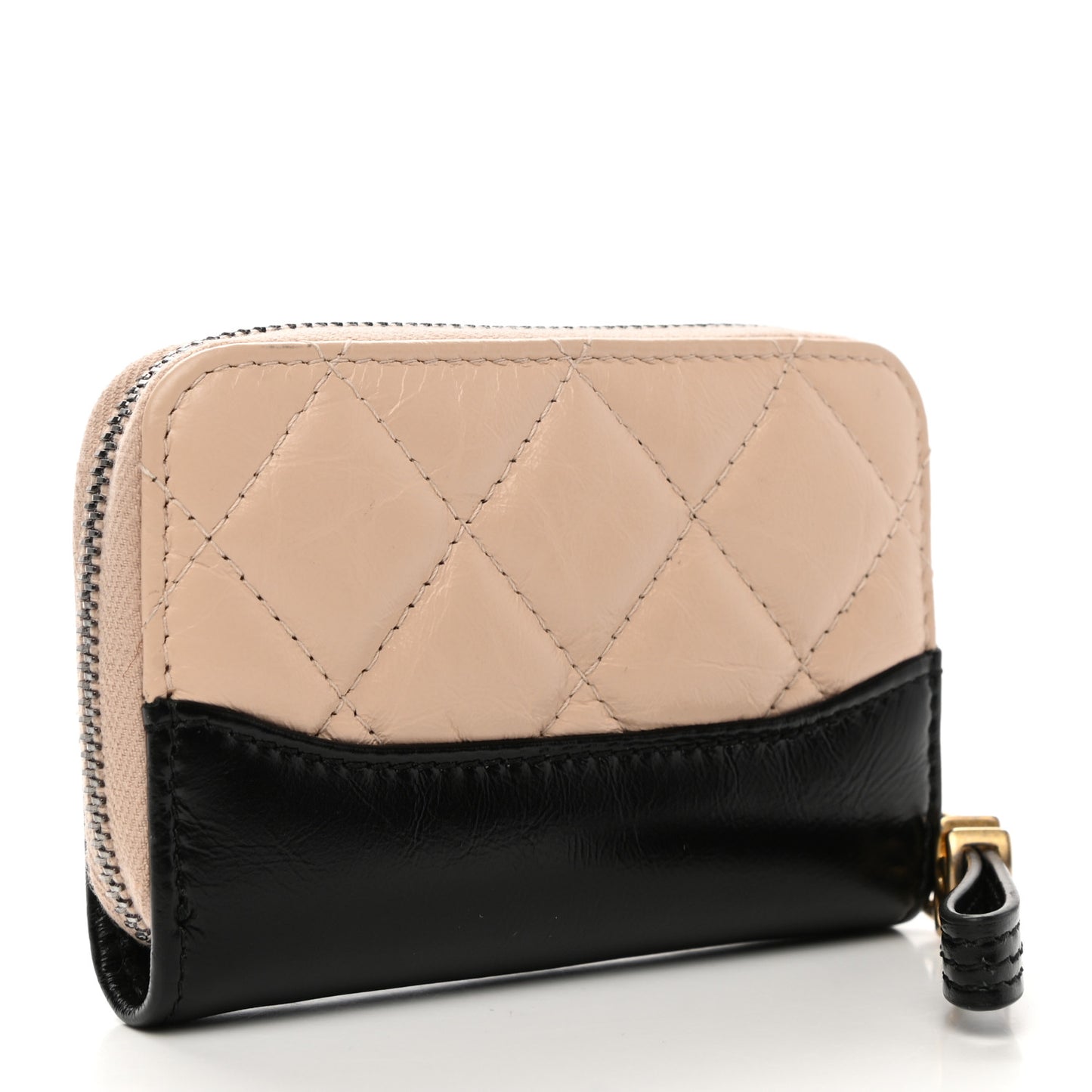 Aged Calfskin Quilted Gabrielle Zip Around Coin Purse Wallet Beige Black