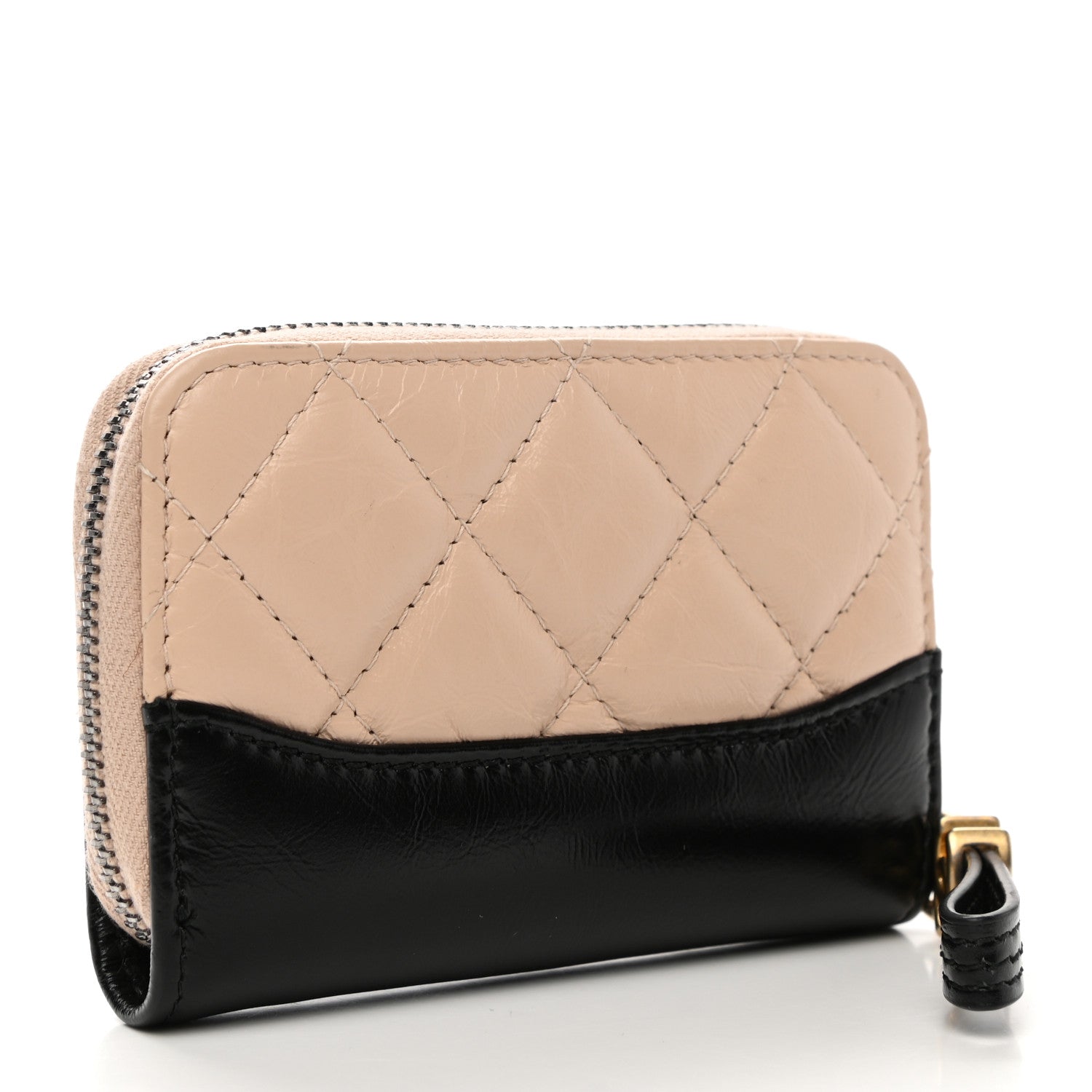 Chanel Aged Calfskin Quilted Gabrielle Zip Around Coin Purse Wallet Beige Black 3 of 7