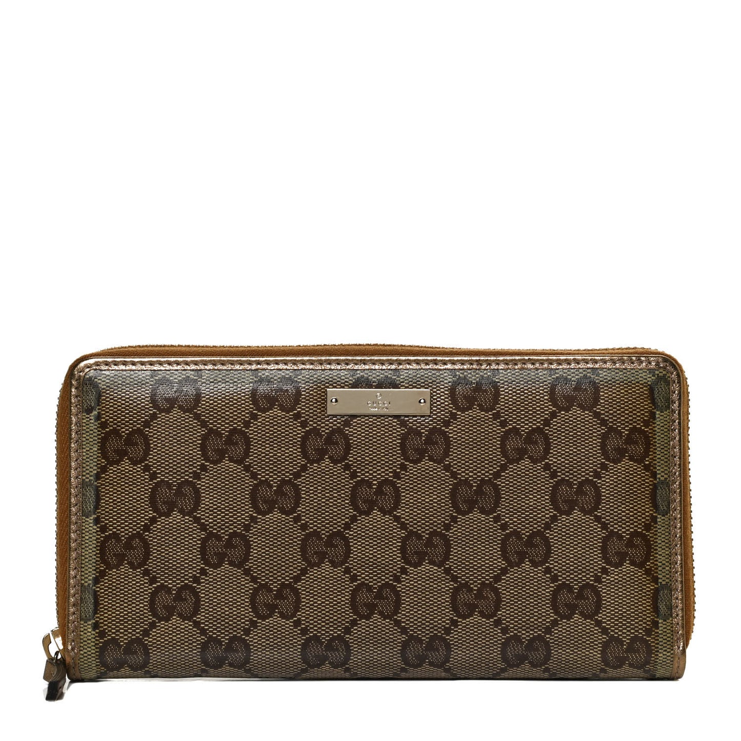 Crystal Monogram Metal Bar Zip Around Wallet Gold