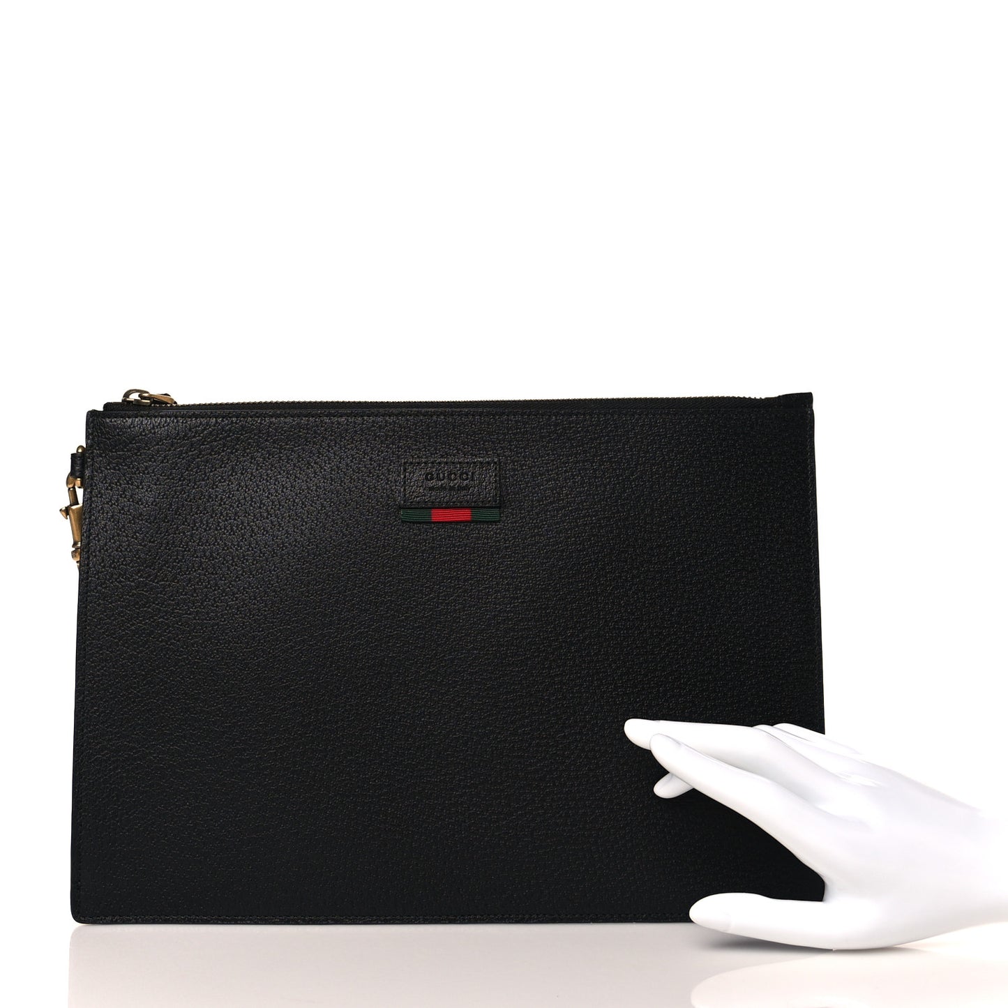 Dollar Calfskin Boar Effect Web Zip Wristlet Pouch Black