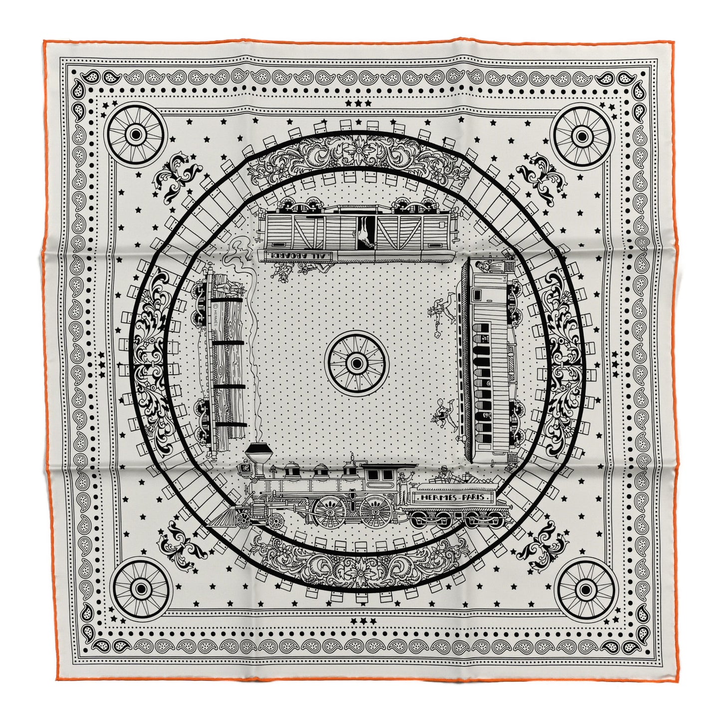 Silk All Aboard Bandana Scarf 55 White Black Orange