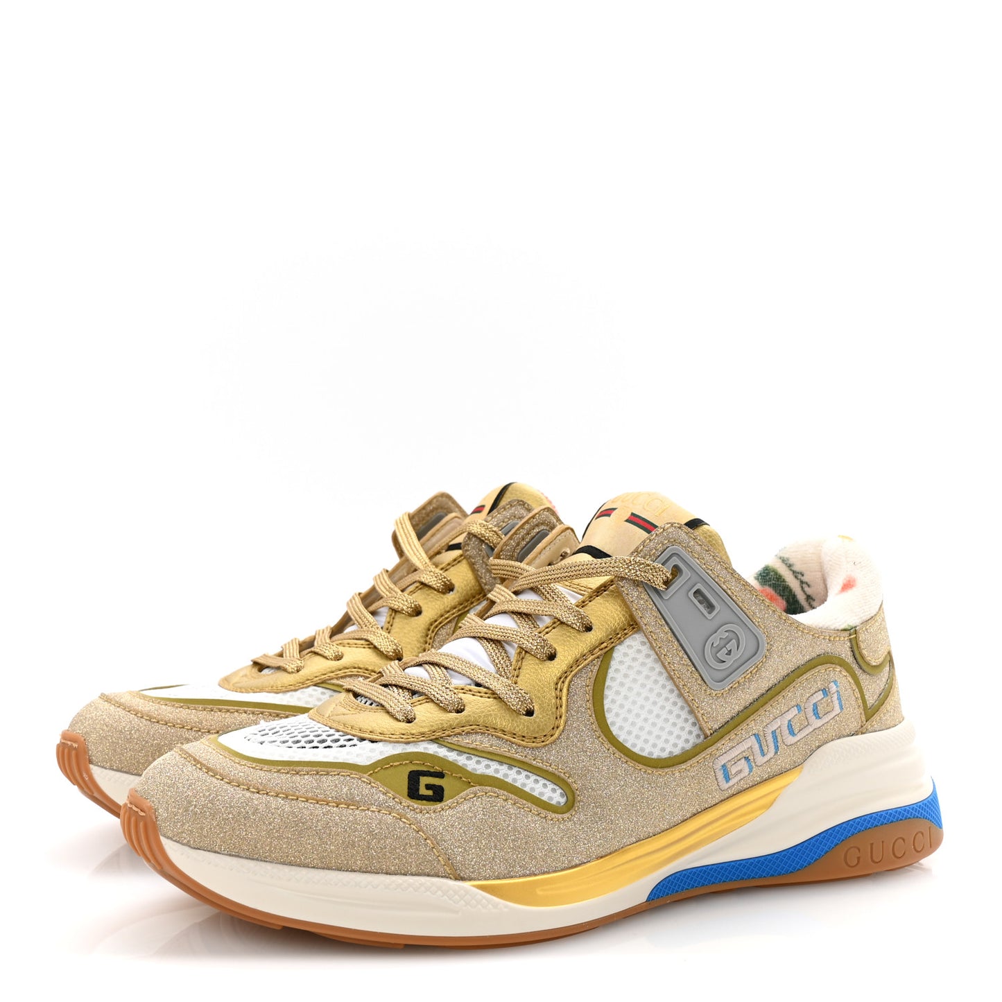 Metallic Calfskin Glitter Mesh Womens Ultrapace Sneakers 38 Gold
