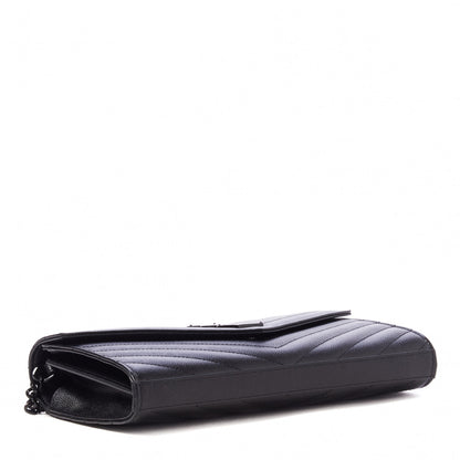 Saint Laurent Grain De Poudre Matelasse Chevron Monogram Chain Wallet Black 4 of 9
