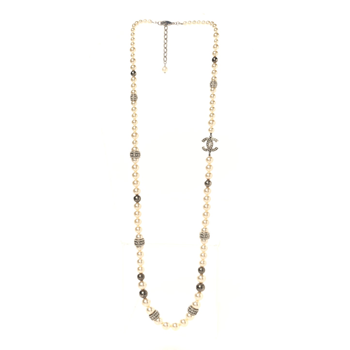 Graduated Pearl Crystal CC Long Necklace Silver