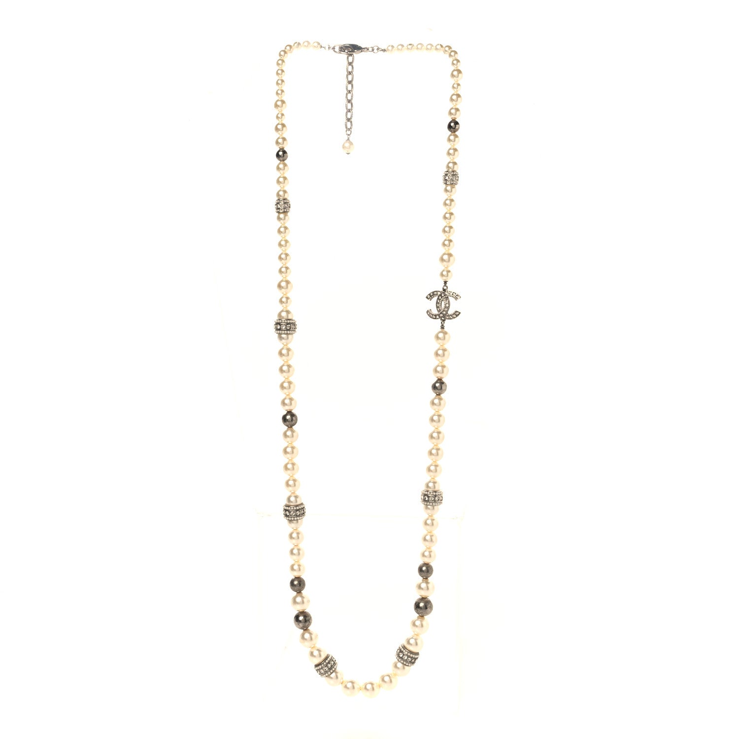 Chanel Graduated Pearl Crystal CC Long Necklace Silver 3 of 5