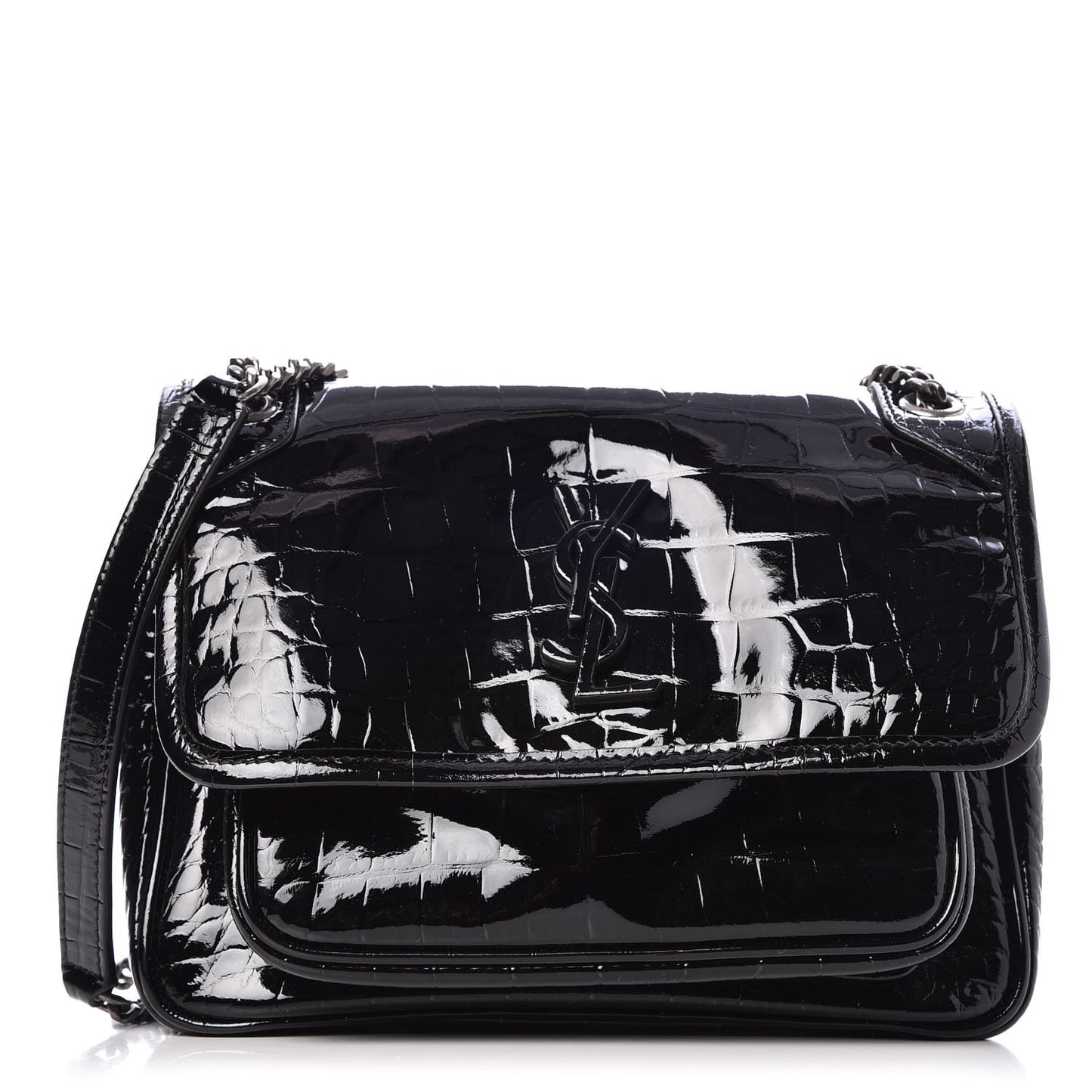 Patent Crocodile Embossed Lambskin Monogram Baby Niki Chain Satchel Black