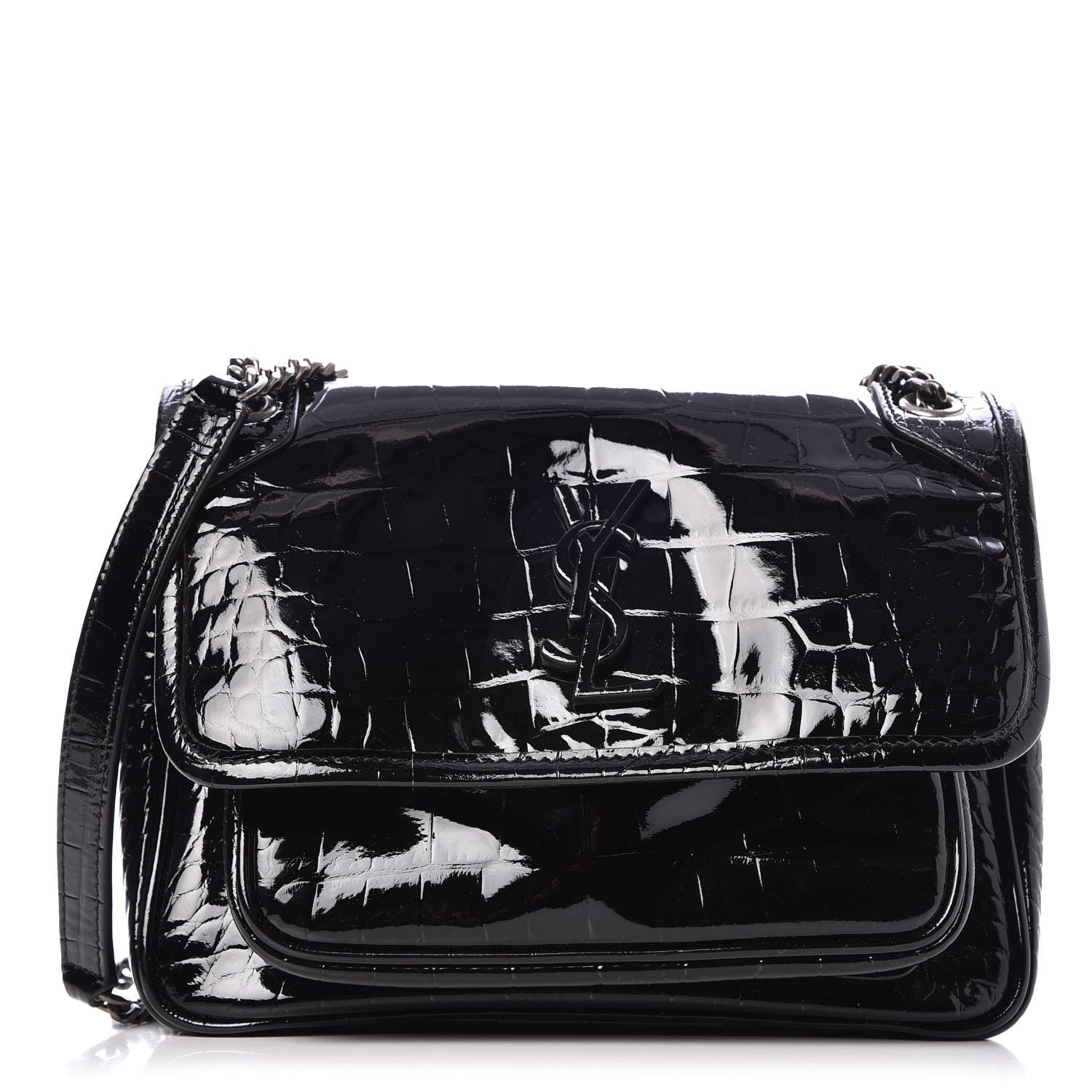 Saint Laurent Patent Crocodile Embossed Lambskin Monogram Baby Niki Chain Satchel Black 1 of 8