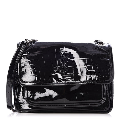 Saint Laurent Patent Crocodile Embossed Lambskin Monogram Baby Niki Chain Satchel Black 1 of 8