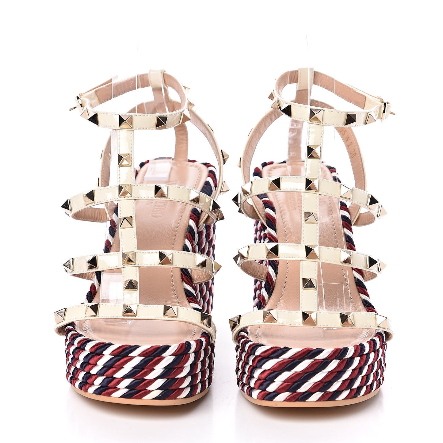 Patent Rockstud Ankle Strap Torchon Espadrille Caged 25/95mm Wedge Sandals 38 Light Ivory