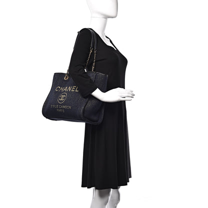 Chanel Lurex Canvas Small Deauville Tote Navy Blue Gold 2 of 9
