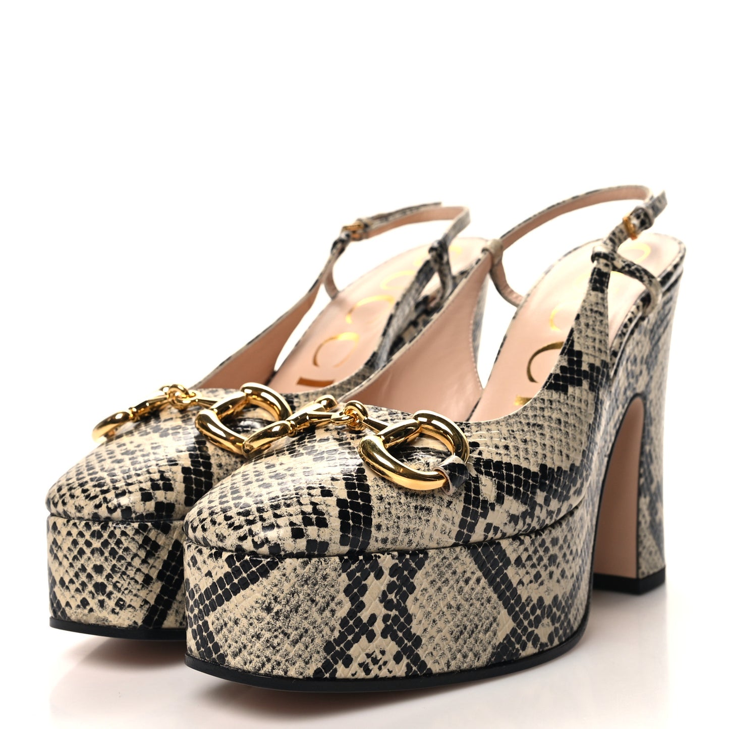 Calfskin Snakeskin Print Horsebit Platform 35/120mm Slingback Pumps 37.5 Beige Avana