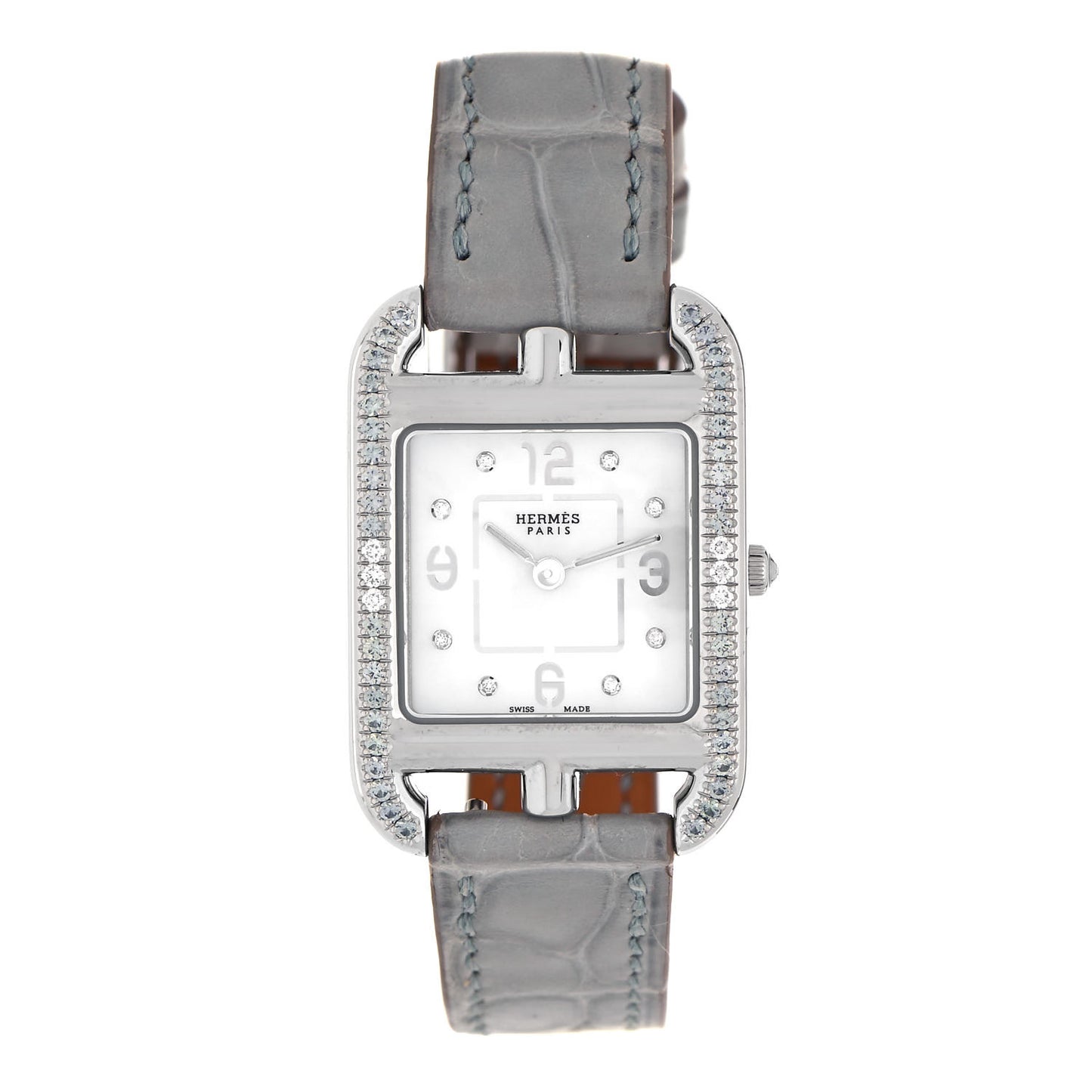 Stainless Steel Alligator Diamond Bezel Grey Sapphire Mother of Pearl 23mm Cape Cod Quartz Watch Gris Perle