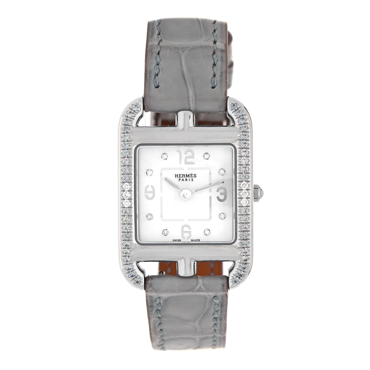 Hermes Stainless Steel Alligator Diamond Bezel Grey Sapphire Mother of Pearl 23mm Cape Cod Quartz Watch Gris Perle 1 of 5