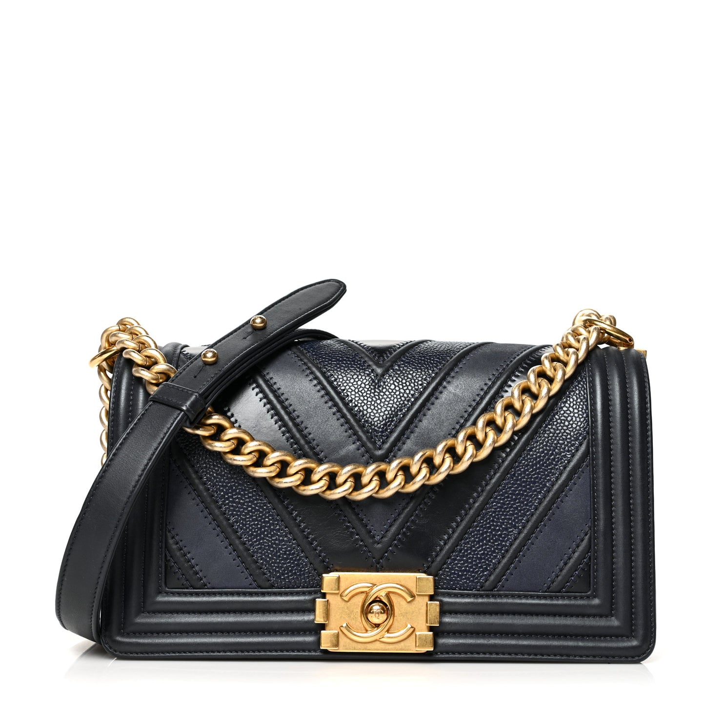 Caviar Suede Calfskin Chevron Medium Boy Flap Navy