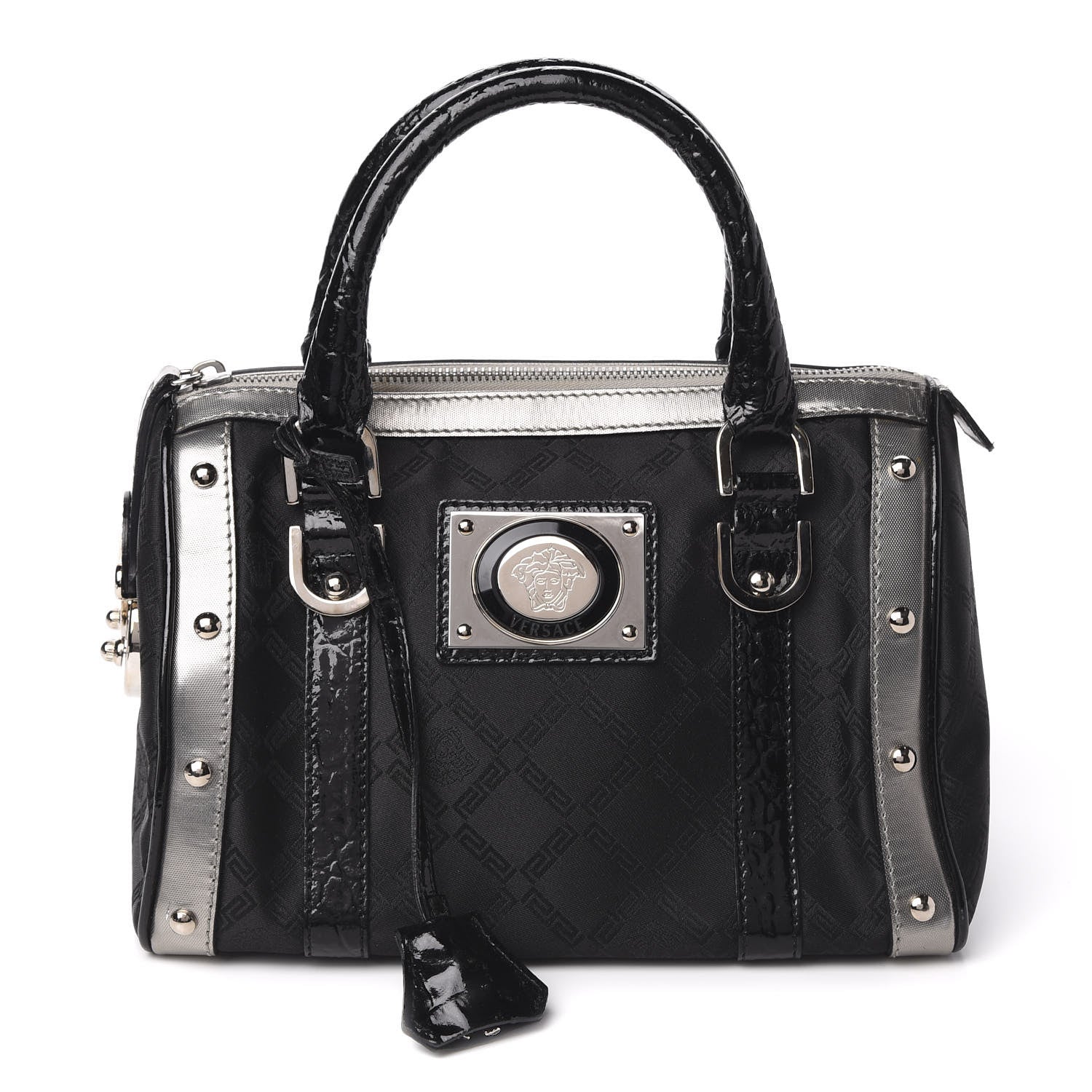 Versace Saffiano Crocodile Embossed Calfskin Nylon Madonna Satchel Black Silver 1 of 11