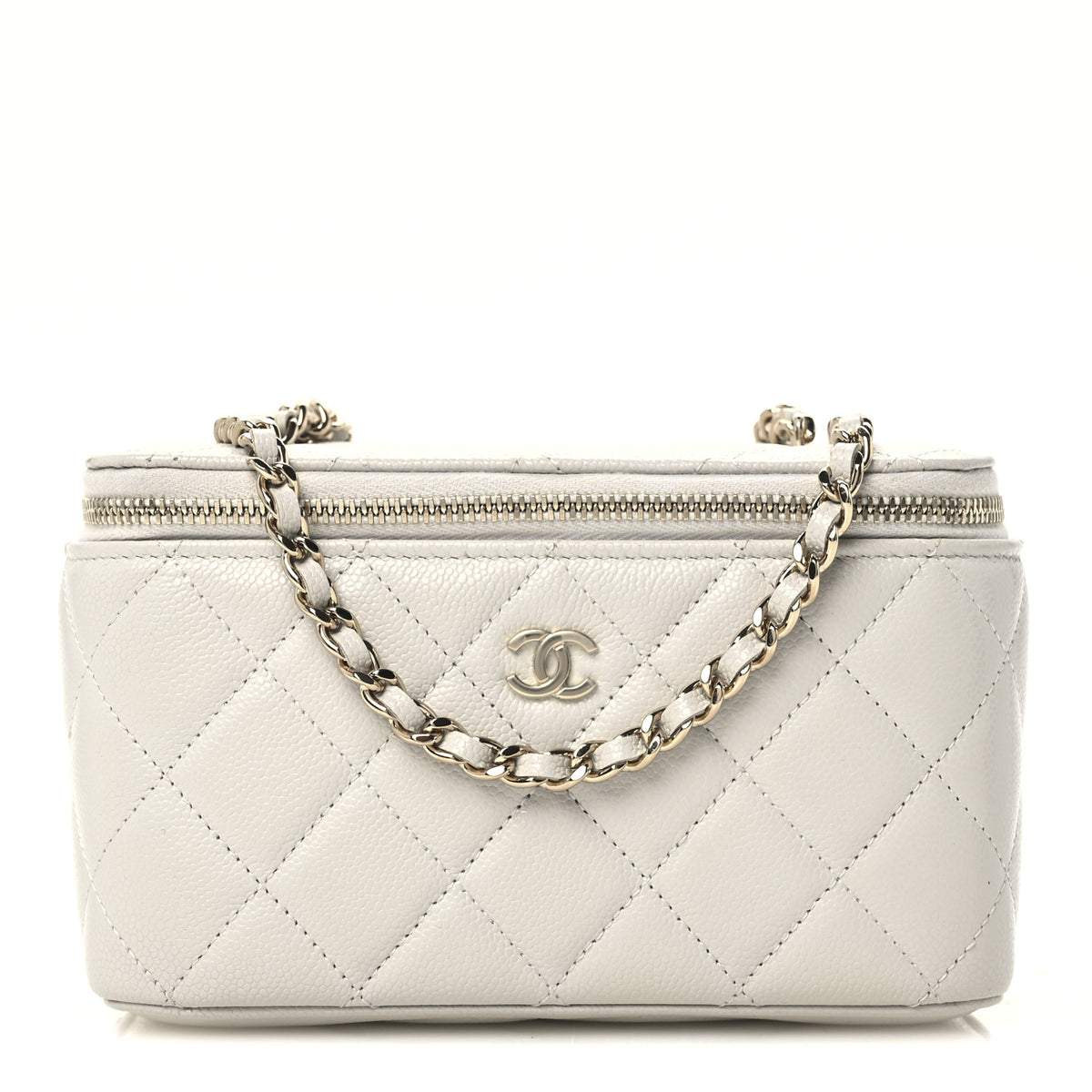 Caviar Quilted Small Tiny CC Vanity Case With Chain Light Grey