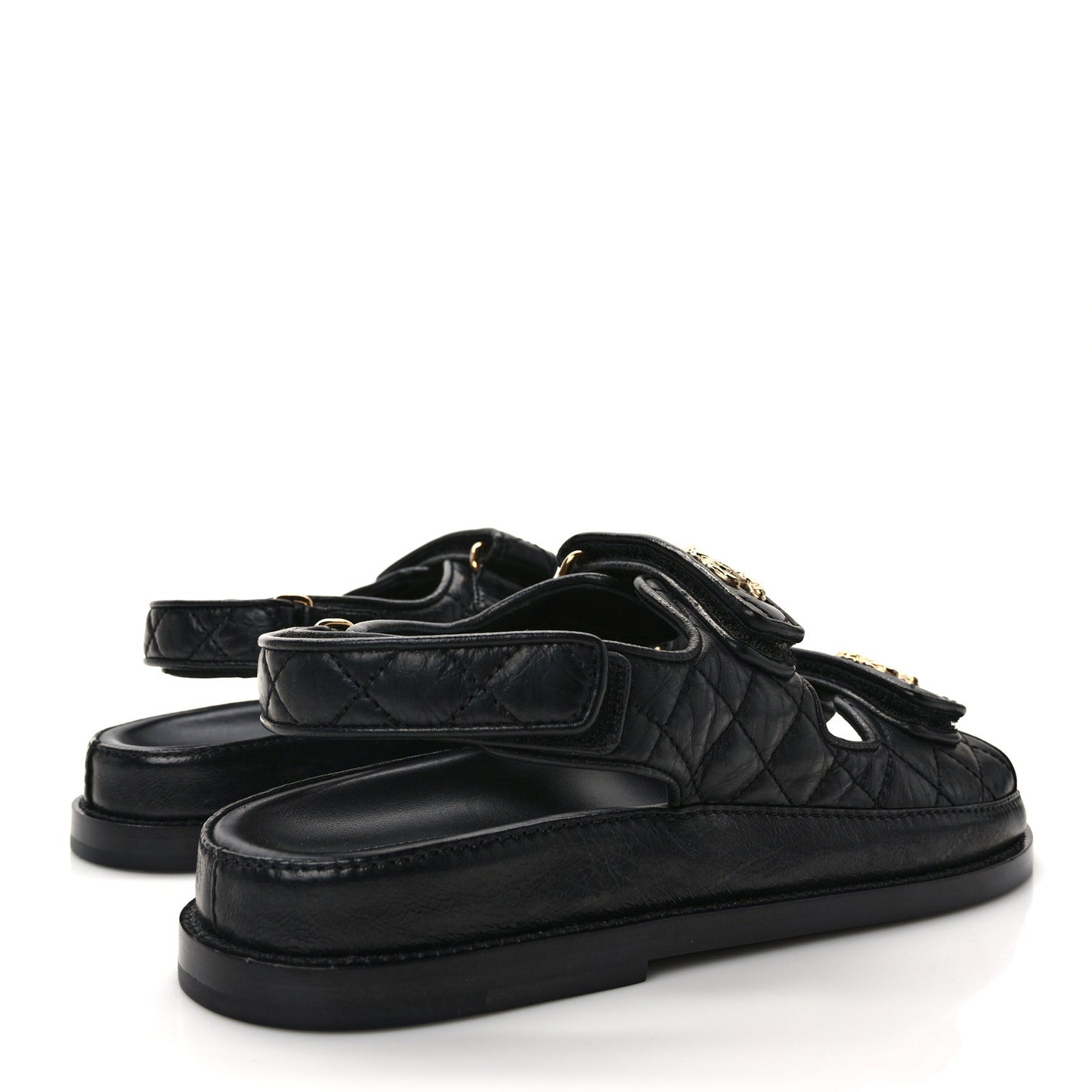 Crumpled Shiny Lambskin Velcro Dad Sandals 37.5 Black