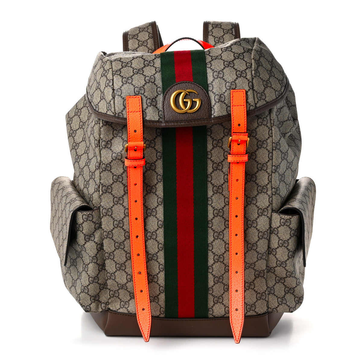 Gucci GG Supreme Monogram Medium Ophidia Double Buckle Backpack Beige Ebony Neon Orange 1 of 9