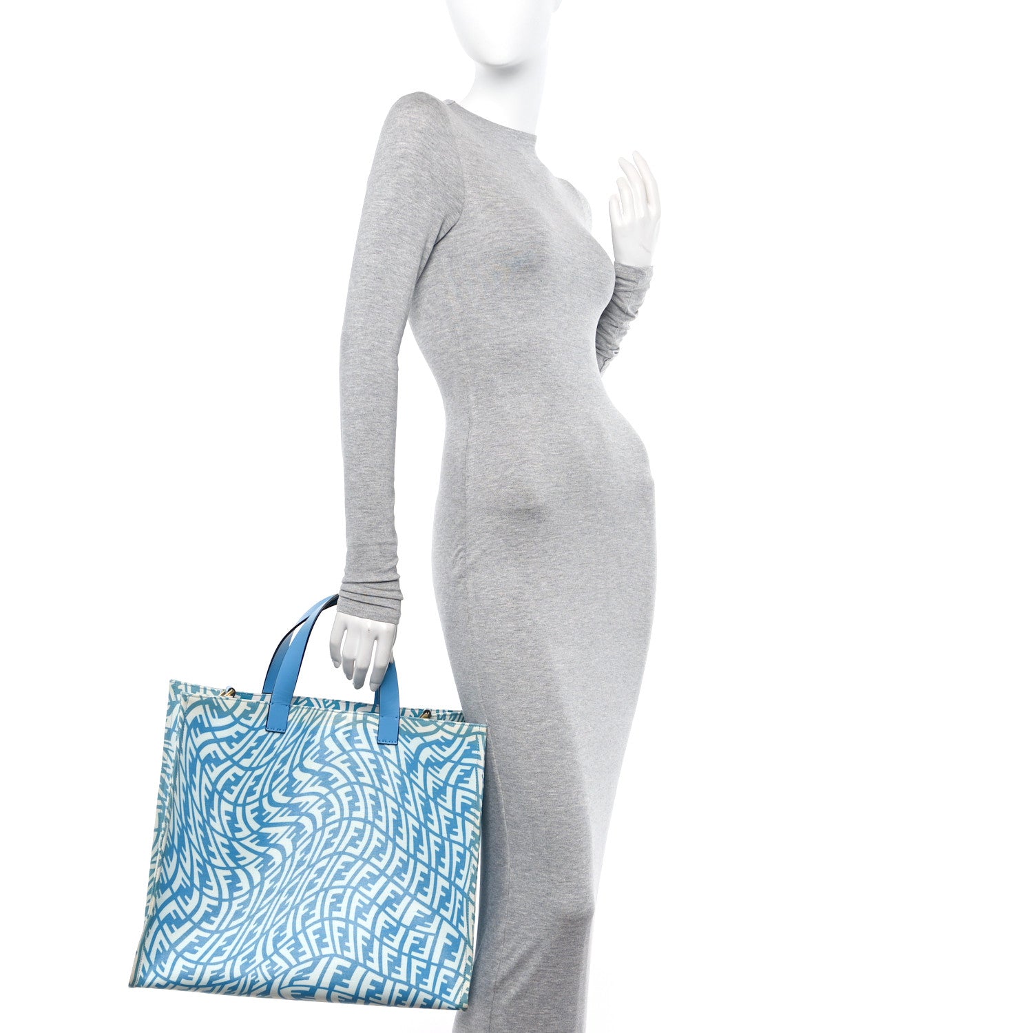 Fendi X SARAH COLEMAN Glazed Canvas Vitello King FF Vertigo Shopping Tote Bag Cyber Blue White 3 of 12