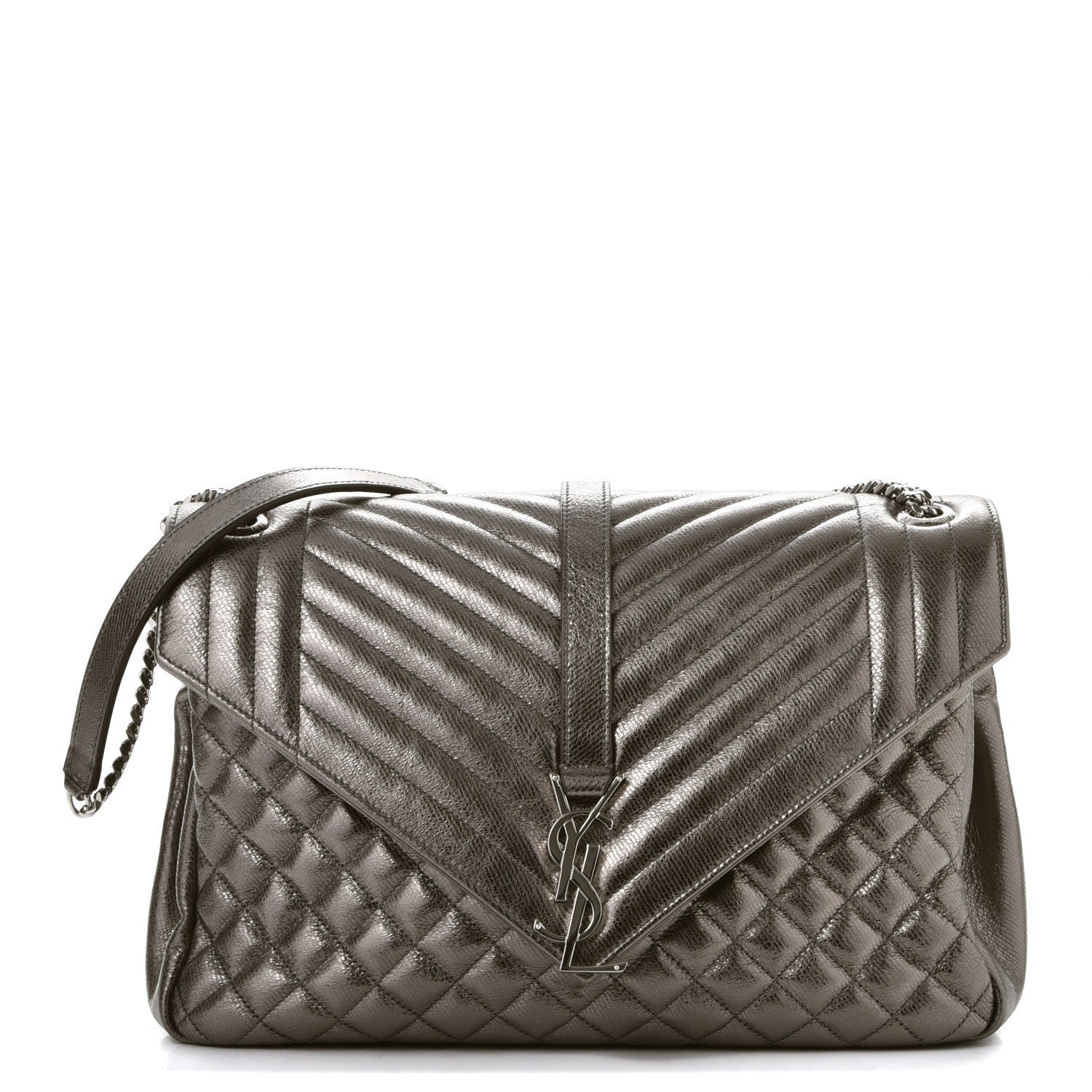 Saint Laurent Metallic   Metallic Calfskin Mixed Matelasse Triquilt Large Monogram Envelope Satchel Graphite 1 of 9
