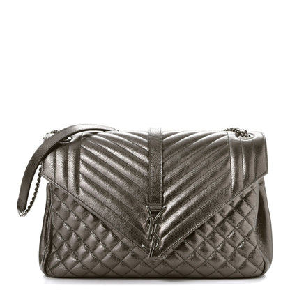 Saint Laurent Metallic   Metallic Calfskin Mixed Matelasse Triquilt Large Monogram Envelope Satchel Graphite 1 of 9
