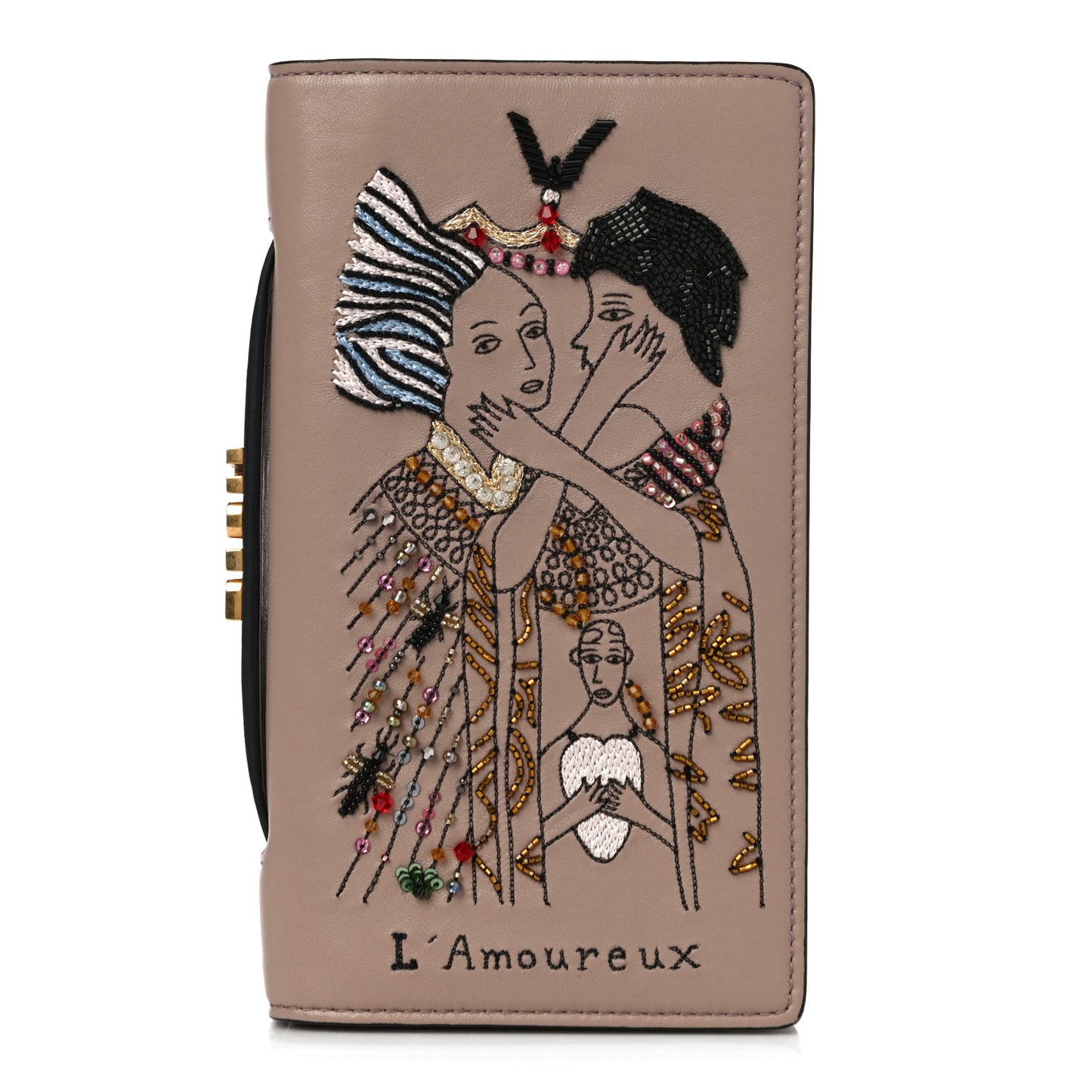 Lambskin Embroidered L'amoureux Tarot Pouch Clutch Vieux Rose