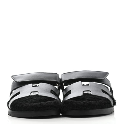 Hermes Calfskin Woolskin Womens Chypre Sandals 36 Black 2 of 8