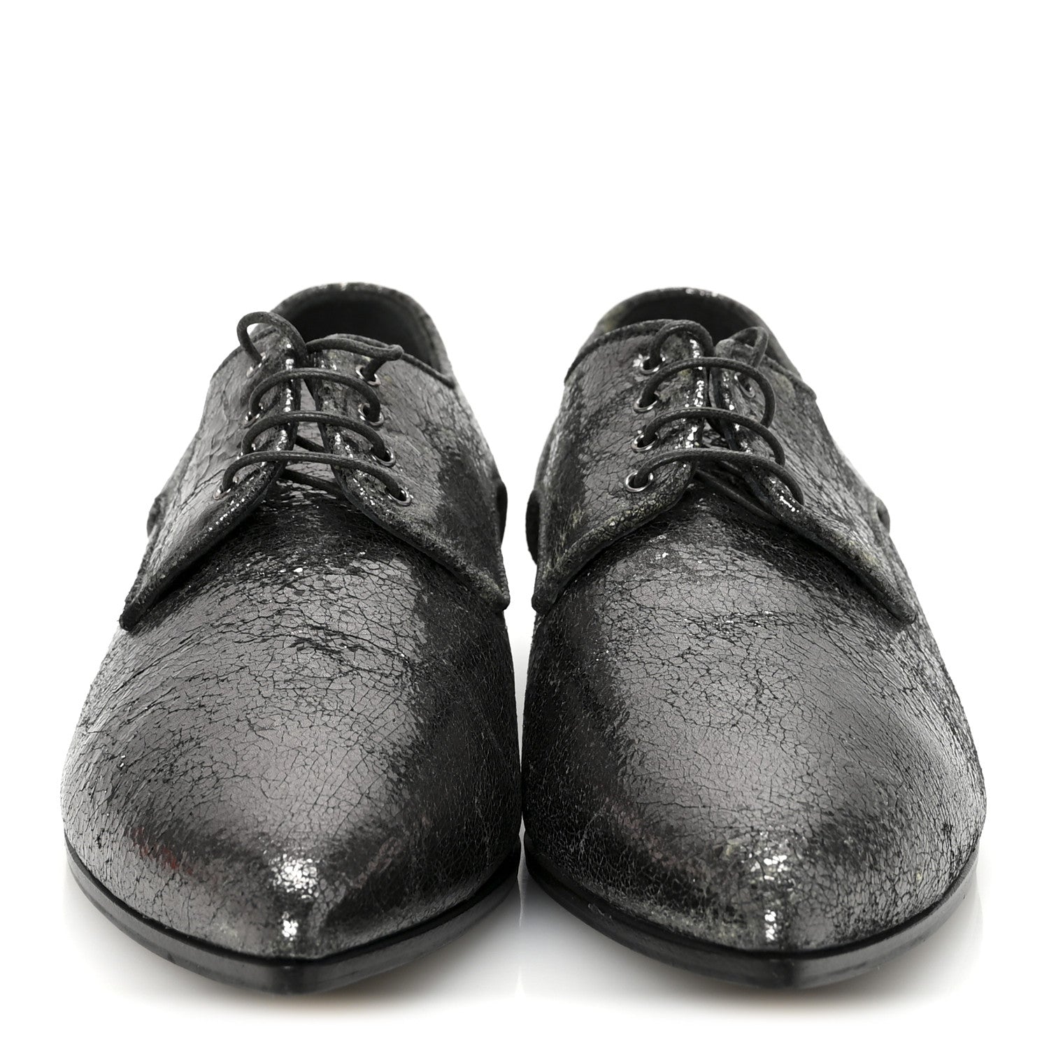 Miu Miu Metallic Crinkled Patent Lace Up Oxford Flats 37.5 Dark Silver 3 of 9