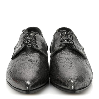 Miu Miu Metallic Crinkled Patent Lace Up Oxford Flats 37.5 Dark Silver 3 of 9