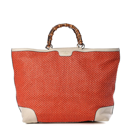 Gucci Straw Calfskin Bamboo Shopper Tote Orange 1 of 11