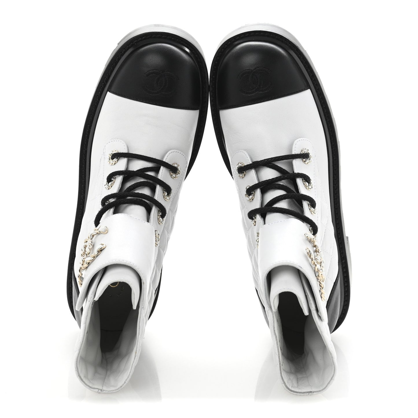 Shiny Goatskin Calfskin Quilted Lace Up Combat Boots 39 White Black