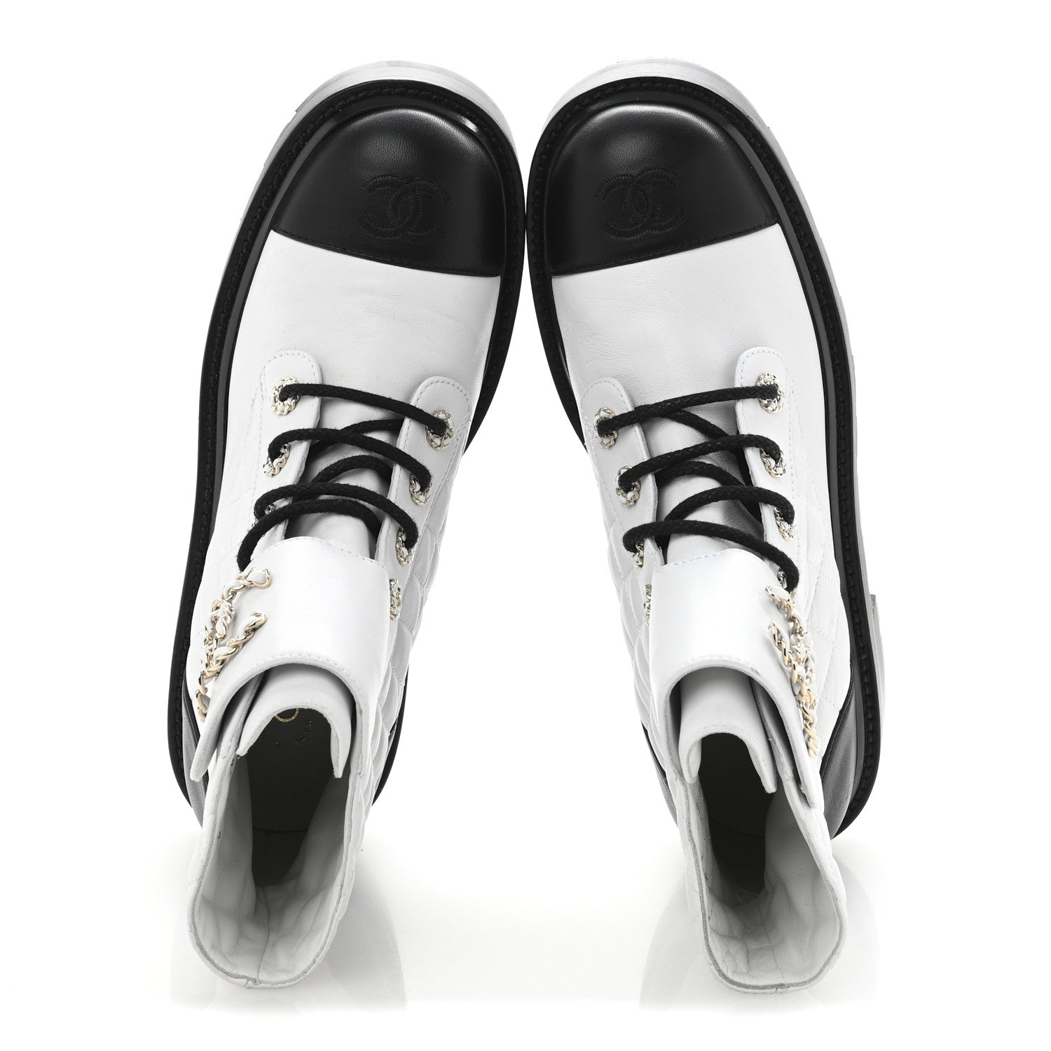 Chanel Shiny Goatskin Calfskin Quilted Lace Up Combat Boots 39 White Black 2 of 8