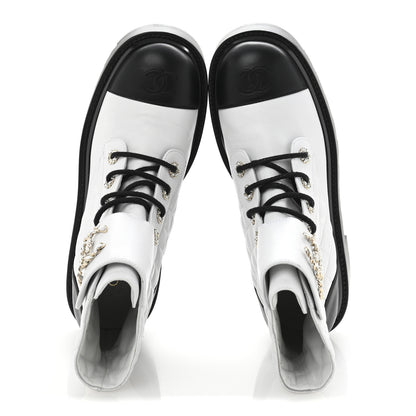 Chanel Shiny Goatskin Calfskin Quilted Lace Up Combat Boots 39 White Black 2 of 8