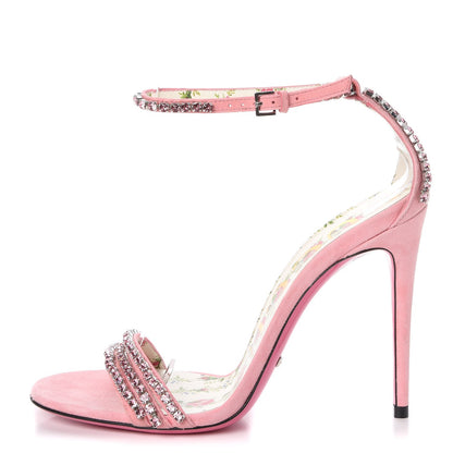 Gucci Kid Scamosciato Crystal Ankle Strap High Heel Sandals 37.5 Light Rose Light Peonia 1 of 9