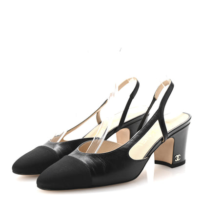 Chanel Goatskin Grosgrain Cap Toe CC Slingback Pumps 35.5 Black 4 of 10