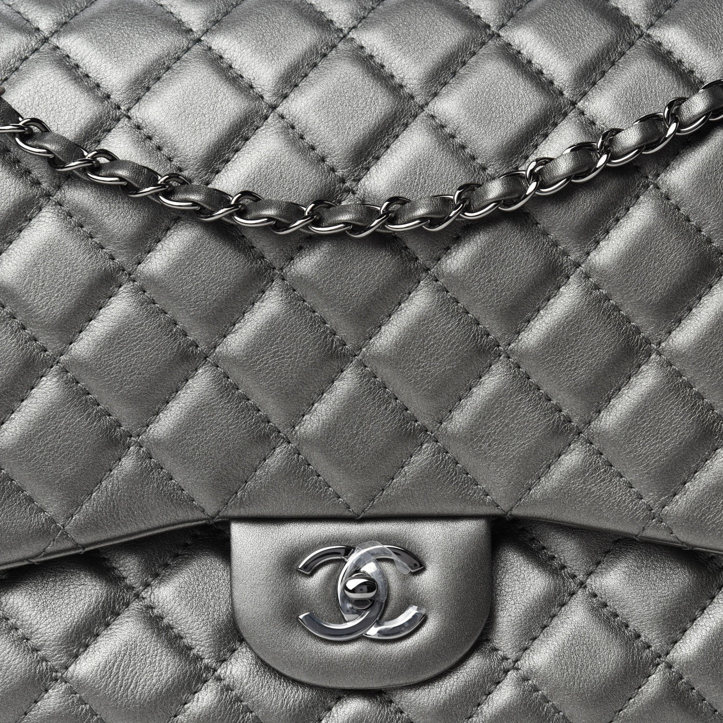 Metallic Calfskin Quilted Small XXL Travel Flap Bag Dark Silver